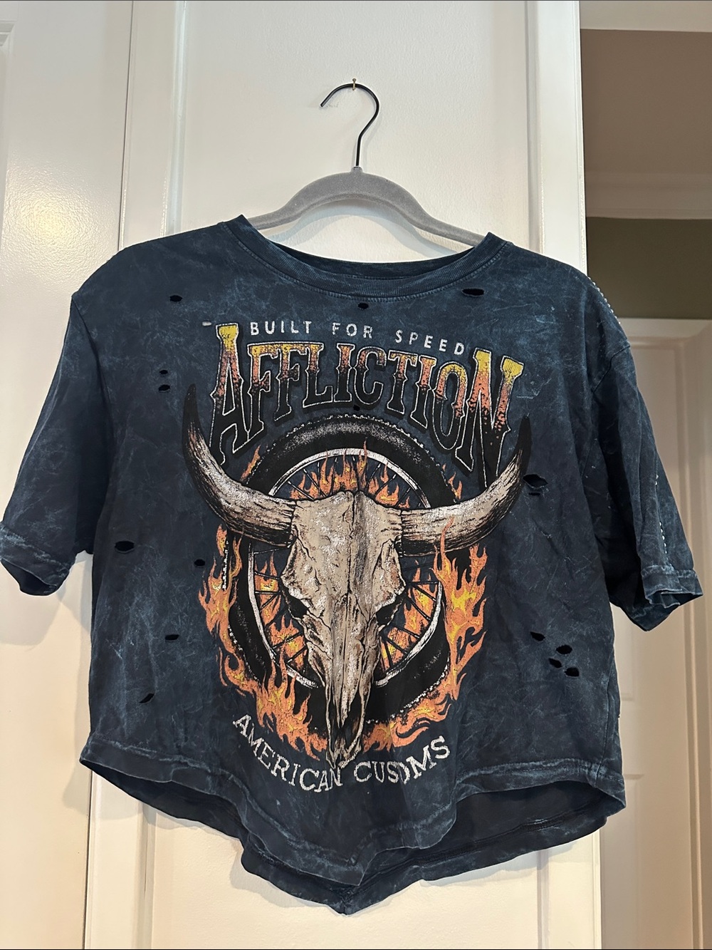 Affliction Black Cropped Tee with Bull Skull & Flame Graphic